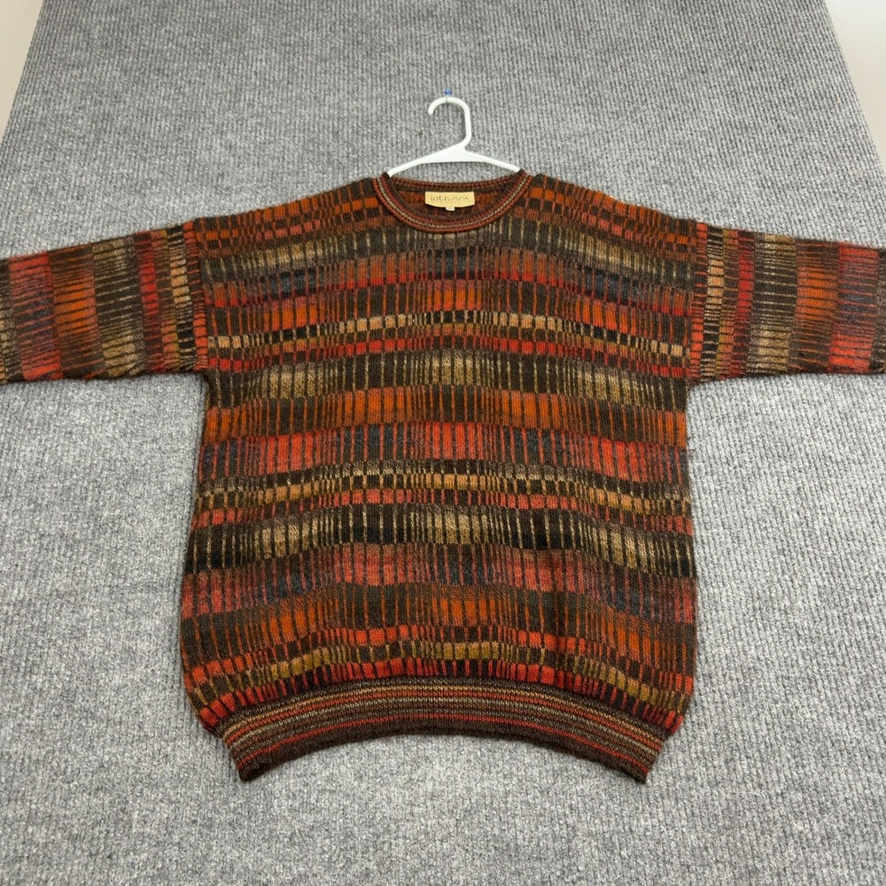 Vintage Intiwara Sweater Mens XL Brown 100% Alpaca Knit Striped Boho Retro